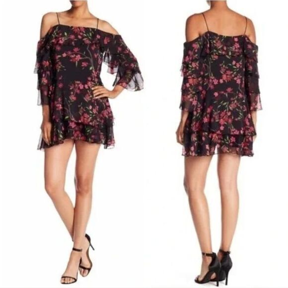 Alice + Olivia Black Floral Silk Chiffon‎ Lexis Sakura Mini Dress Off Shoulder 6 - Picture 1 of 10
